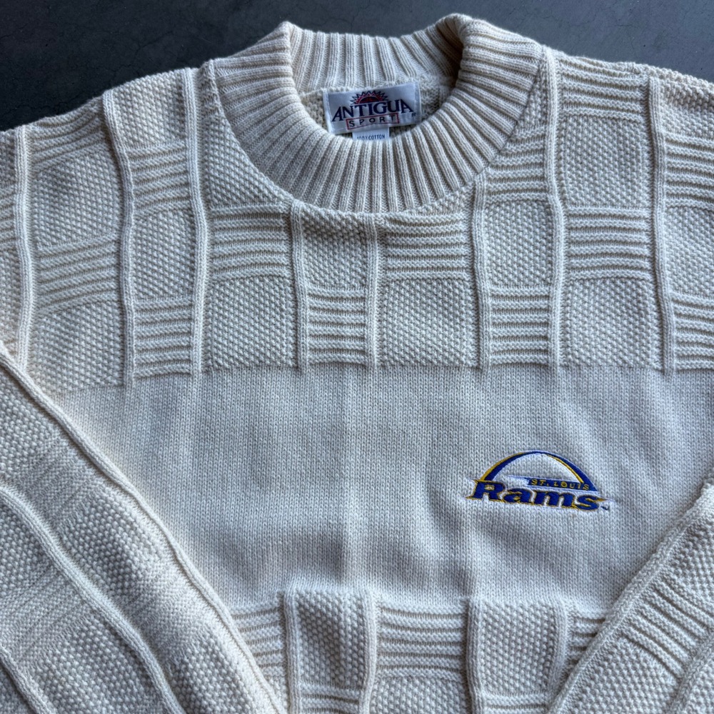 Vintage Antigua Sport St Louis Rams Knit Sweater Cream XL Made in USA 90s NFL